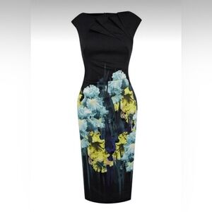 Karen Millen Black Floral Sheath Dress Sculpted Bodice Cocktail